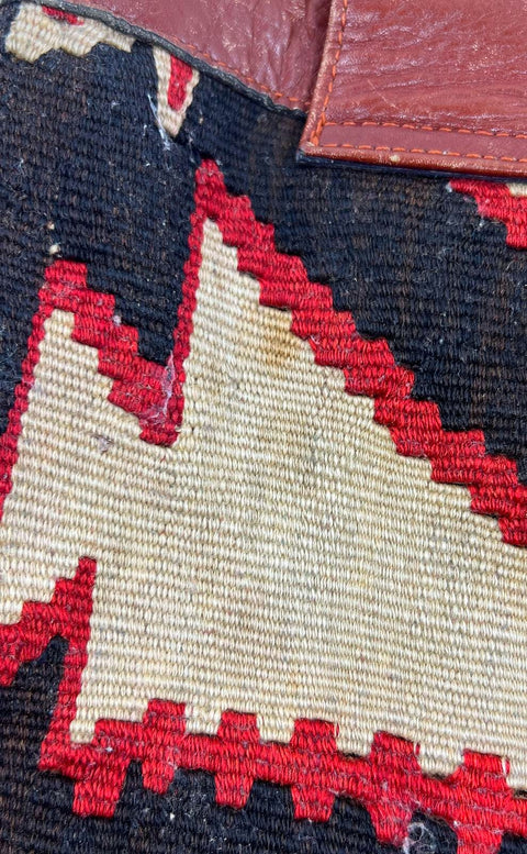 Vintage 90s Yun Art Brown Woven Kilim Southwestern Leather Shoulder Bag Tote