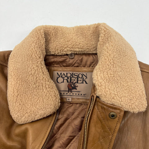 Vintage Y2K Madison Creek Brown Leather Sherpa Collar Flight Bomber Jacket Mens