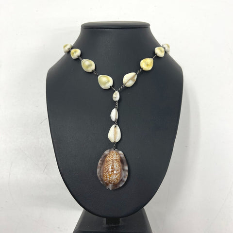 Vintage Cowrie & Conch Shell Y-Necklace Sterling Silver Chain Bohemian Style