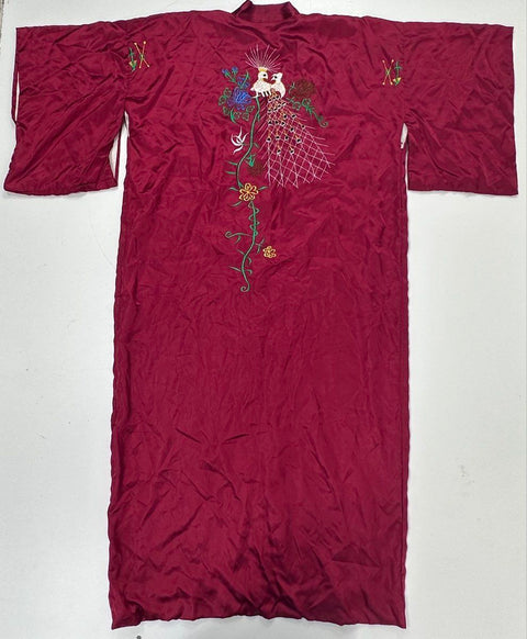 Vintage 80s Peacock Embroidered Satin Robe Kimono Frog Closure Burgundy Sz L