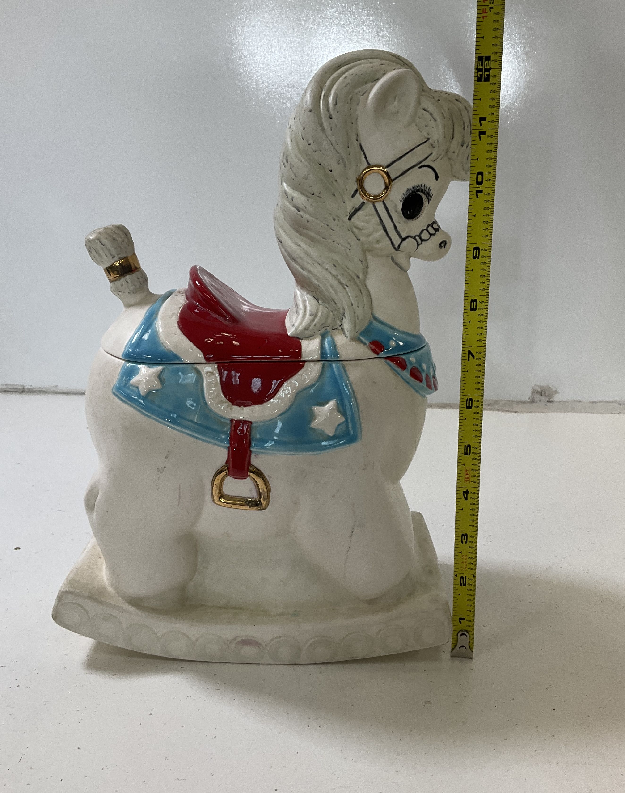 Vintage Alberta's Bisque Rocking Horse Cookie Jar White Red Blue Hand Painted