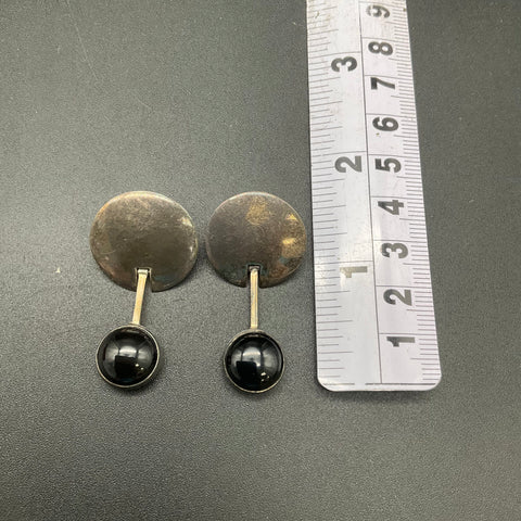 Vintage Sajen Sterling Silver 925 Black Cabochon Articulated Drop Earrings