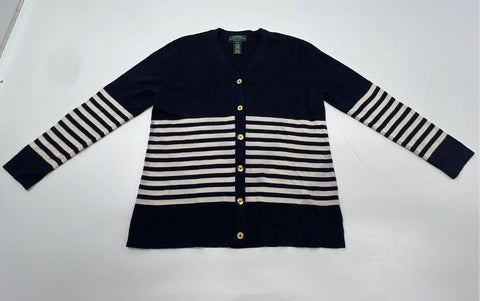 Lauren Ralph Lauren Women's Navy Striped Silk Cardigan Gold Anchor Sz P/M