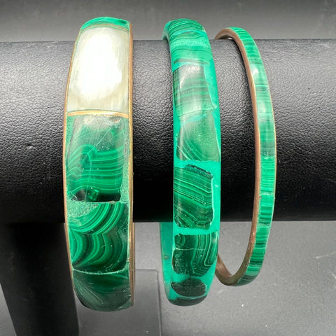 Lot of 3 Vintage Malachite Mother of Pearl Inlay Brass Tone Bangle Bracelets