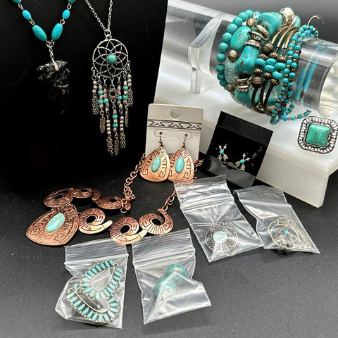 Southwestern Style Faux Turquoise Jewelry Lot 19pc Necklaces Earrings Bracelets