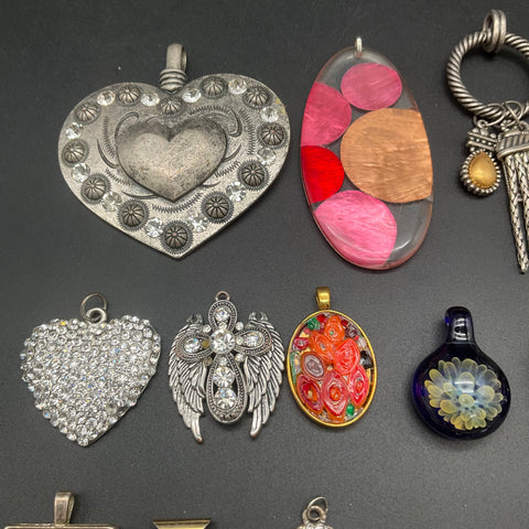 Vintage and Modern Costume Jewelry Pendant Lot of 35 Hearts Crosses Stones