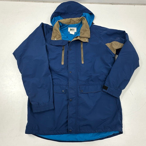 Vintage 90s REI Mountain Parka Hooded Jacket Blue Khaki Trim Sz XL