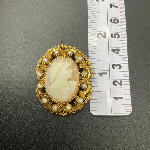 Vintage Florenza Carved Shell Cameo Faux Pearl Brooch Pendant Victorian Revival