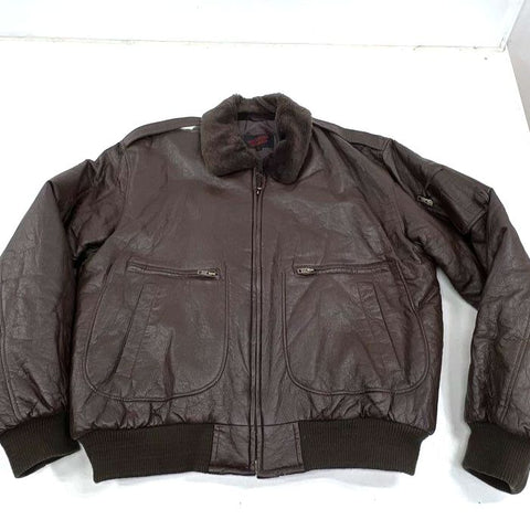 Vintage 80s Upstream Men's Brown Faux Leather Fur Collar Bomber Jacket Size XL