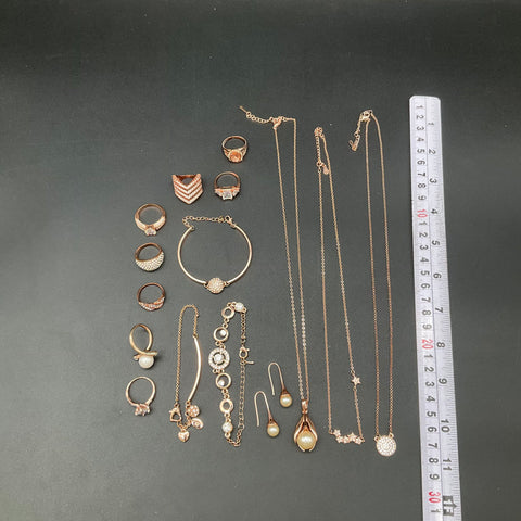 Rose Gold Tone Fashion Jewelry Lot 15pc Rings Necklaces Bracelets Earrings