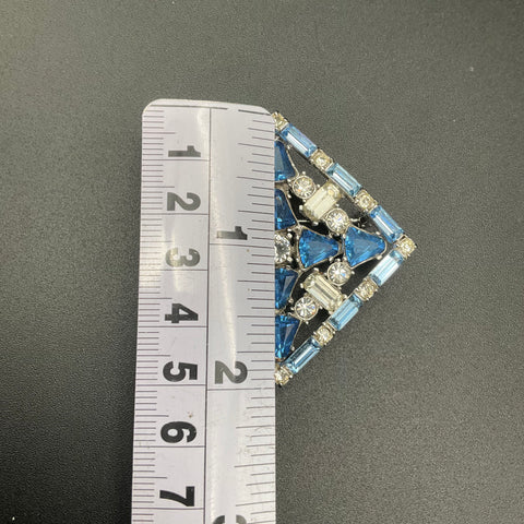 Vintage Bellini Silver Tone Blue Clear Rhinestone Geometric Lozenge Brooch 2"