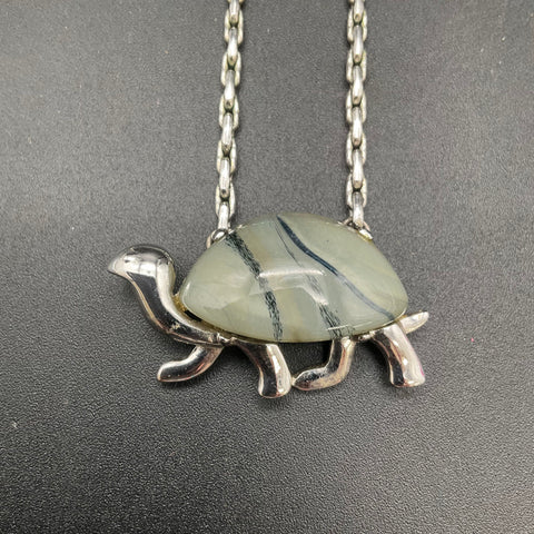 Vintage Eisenberg Silver Tone Jelly Belly Turtle Pendant Necklace Signed 17"