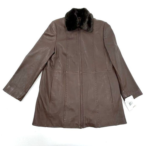 NWT Liz Claiborne Women's Brown Leather Coat Faux Fur Collar Quilted Liner Sz L
