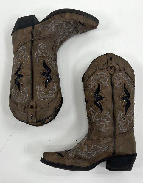 Laredo Western Cowboy Boots Brown Studded Leopard Print Lining Women's Size 6.5M