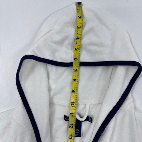 Ralph Lauren Women's White Hooded Cotton Blend Belted Robe Navy Trim Sz XS/S