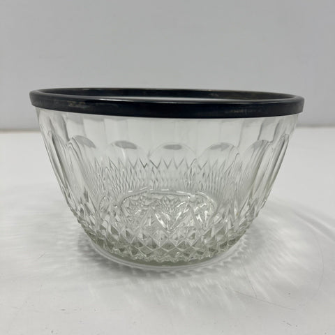 Vintage Mid-Century Cut Glass Salad Bowl Silver Plate Rim Starburst 8.5"