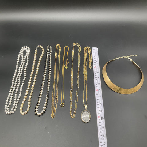 Vintage Gold Tone and Faux Pearl Necklace Jewelry Lot of 8 Rose Pendant Choker