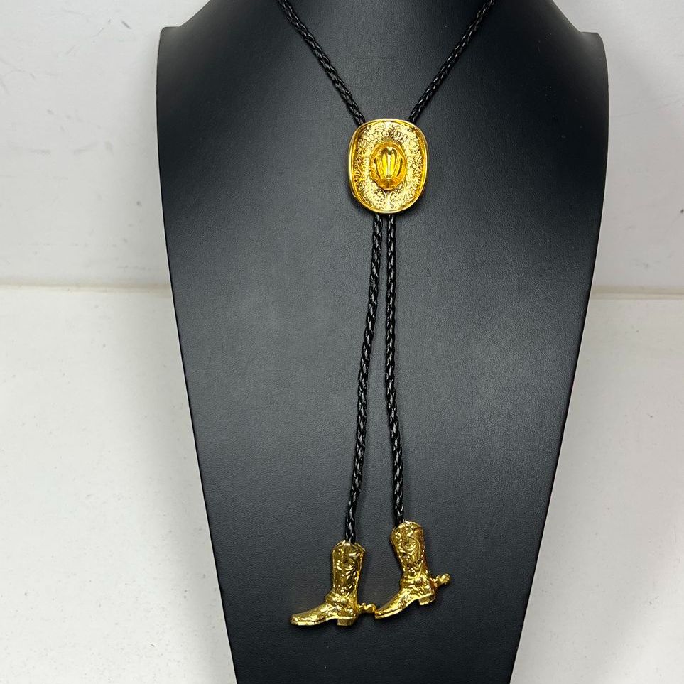 Cowboy Hat & Boots Gold and Black tones Bolo Tie