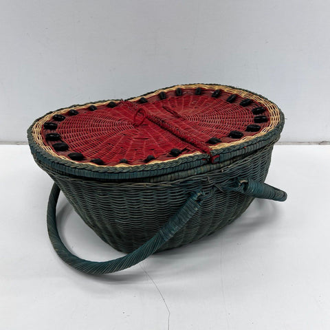 Vintage Watermelon Woven Wicker Picnic Basket Red Green Butterfly Lid Large