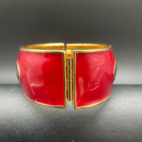 Vintage Monet Gold Tone Red Black Enamel Chunky Hinged Bangle Bracelet
