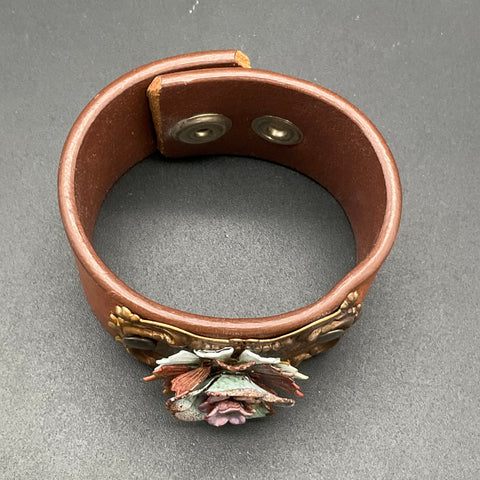 Leather Cuff Bracelet with Enameled Metal Flower Filigree Accent Western Boho