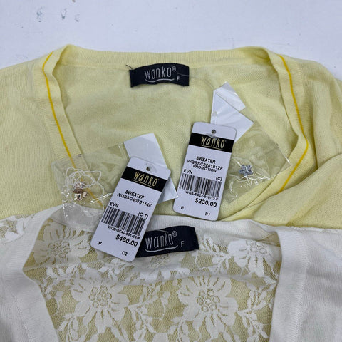 Wanko Women's Cardigan Sweaters Yellow White Lace Back Flower Buttons NWT Sz F