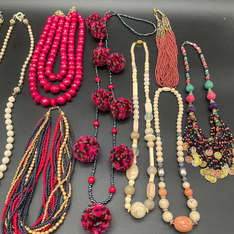 Bohemian Beaded Costume Jewelry Necklace Lot of 10 Tassel Pom Pom Multi-Strand