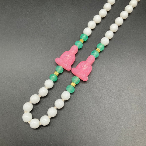 Vintage Milk Glass Pink Plastic Buddha Beaded Necklace Costume Jewelry 32"