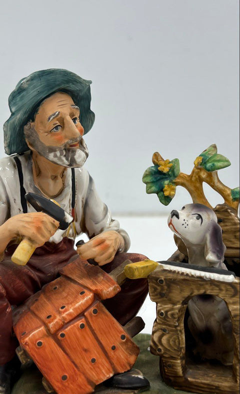 Ceramic Figurine Carpenter Building Doghouse with Dog Hand-Painted 8 Inch