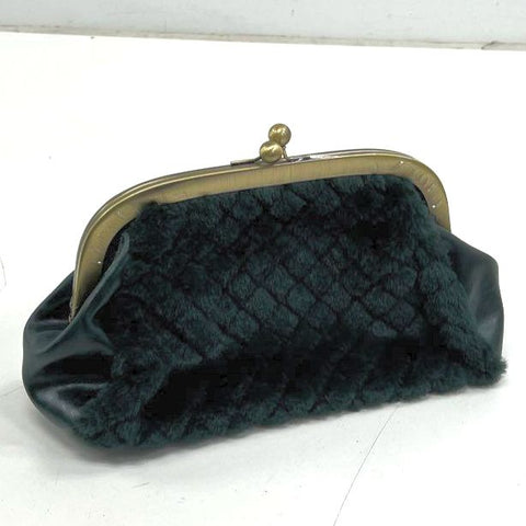 Patricia Nash Green Faux Fur Leather Frame Kiss Lock Clutch Bag Brass Hardware