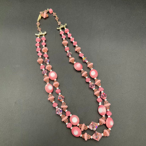 Vintage Trifari Signed Blue Glass & Pink AB Crystal Bead Necklace Lot of 2