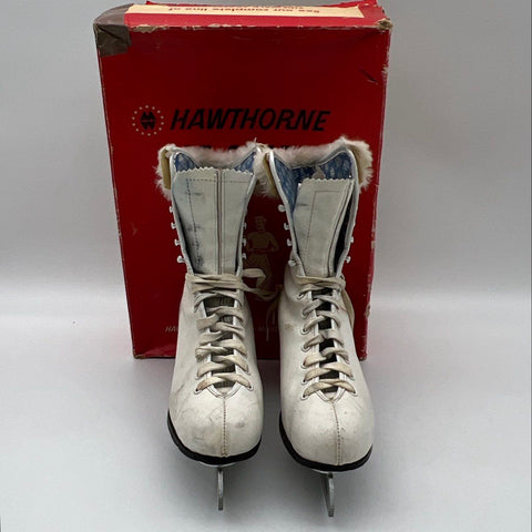 Vintage 1960s Hawthorne Canadian Zephyr White Fur Trim Ice Skates Size 8 IOB