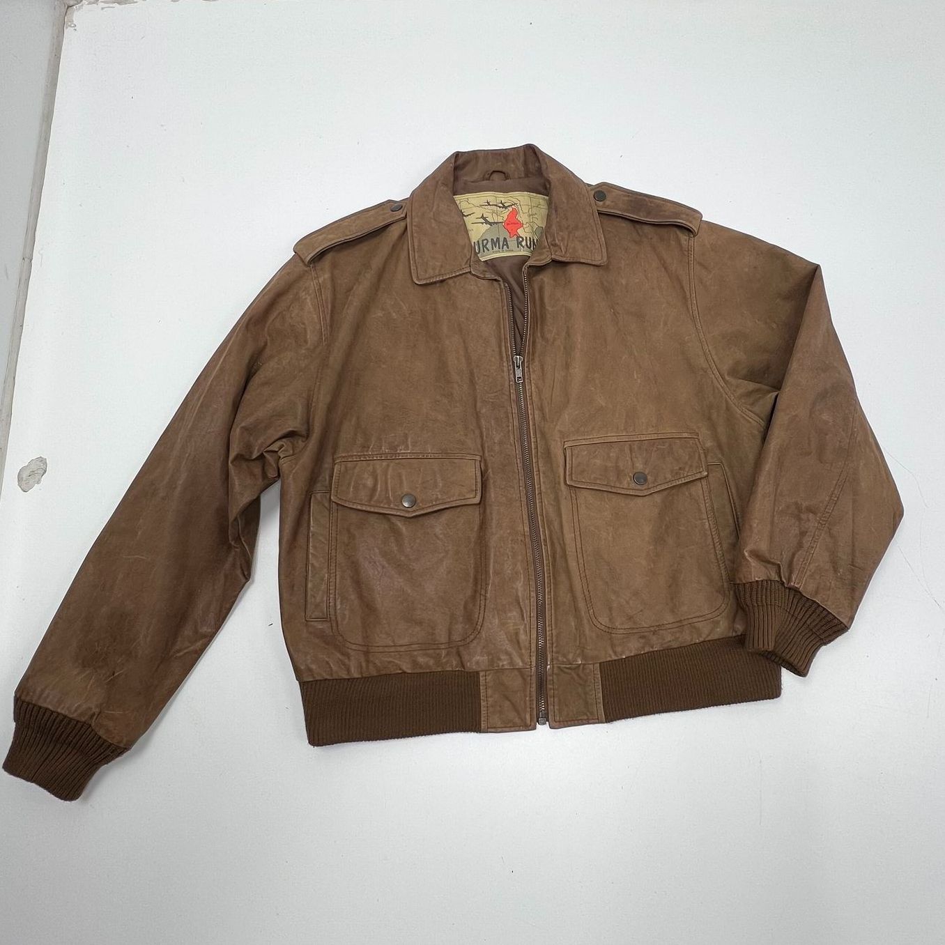 Burma Run Brown Vintage 80s Distressed Leather Bomber Flight Jacket Men's L
