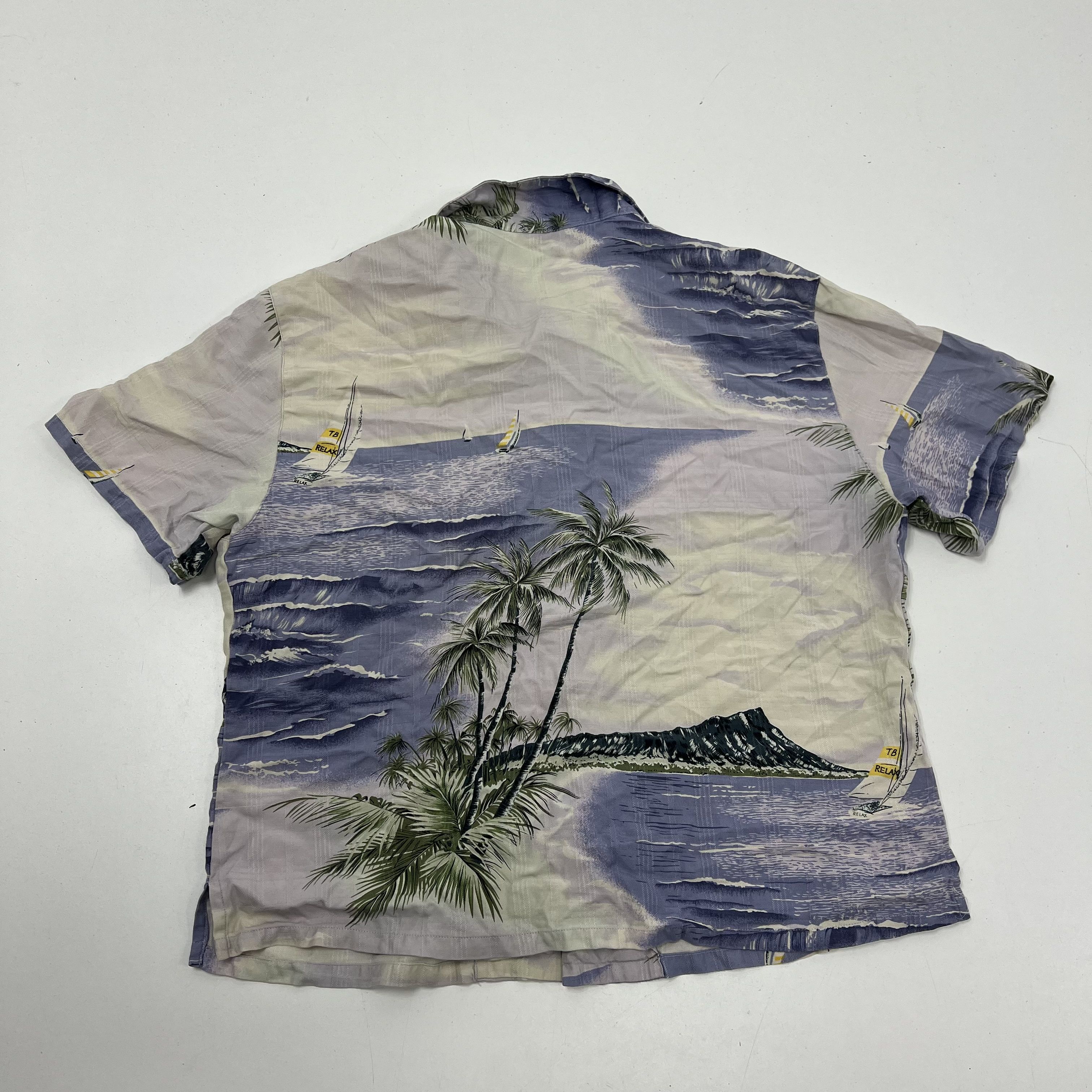 Tommy Bahama Purple Silk Hawaiian Tropical Print Camp Shirt Blouse Women's L
