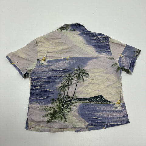 Tommy Bahama Purple Silk Hawaiian Tropical Print Camp Shirt Blouse Women's L