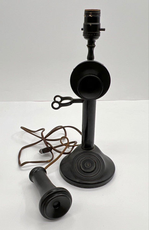 Vintage Candlestick Telephone Table Lamp Black Cast Metal Novelty Accent