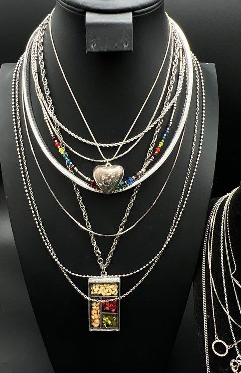 Mixed Costume Jewelry Lot 18 Silver Tone Necklaces Pendants Vintage to Modern