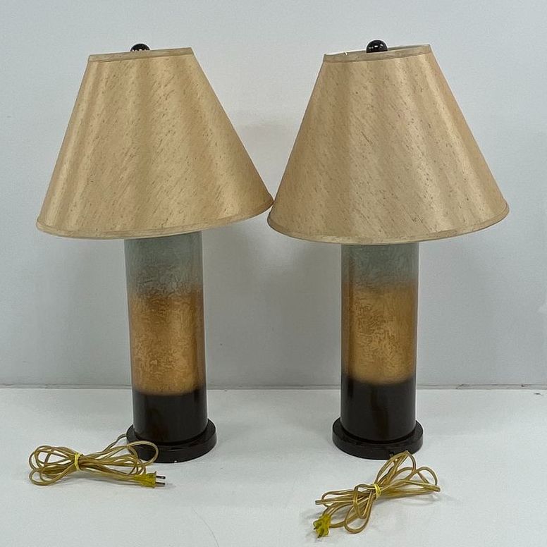 Vintage Pair Mid-Century Ceramic Table Lamps Cylindrical Glazed Pottery Base