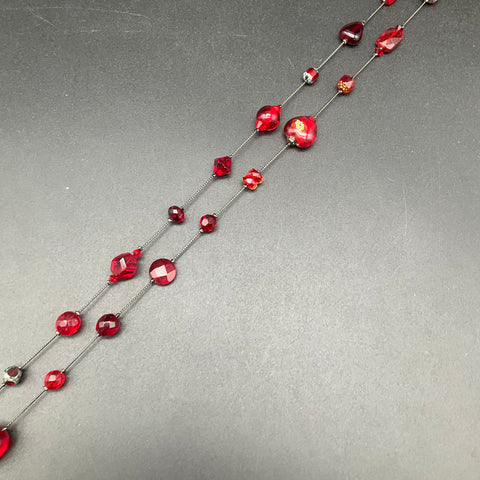 Vintage Debby Reid Silver Tone Red Faceted Glass Bead Station Necklace 25"
