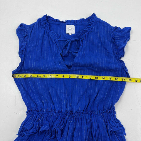 Misa Los Angeles Women's Blue Metallic Pinstripe Tiered Ruffle Mini Dress Sz S