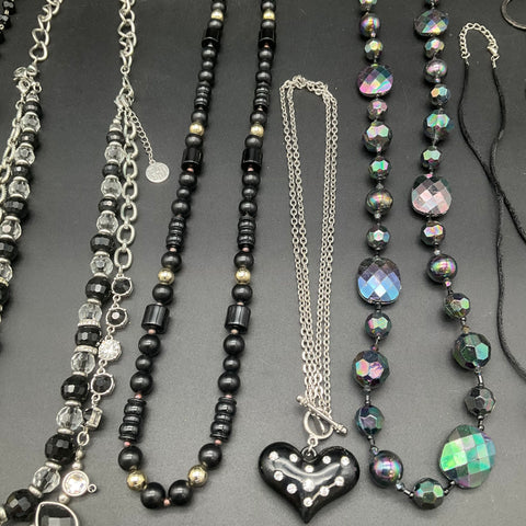 Black and Silver Tone Fashion Jewelry Lot of 7 Necklaces Rhinestone Heart Beads