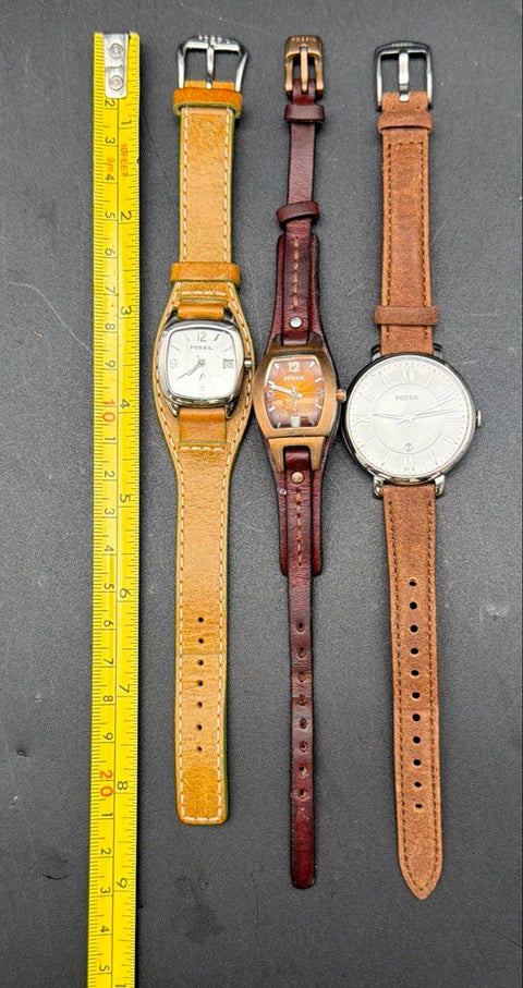 Fossil Ladies Leather Strap Watch Lot of 3 Jacqueline Tonneau Cuff Untested