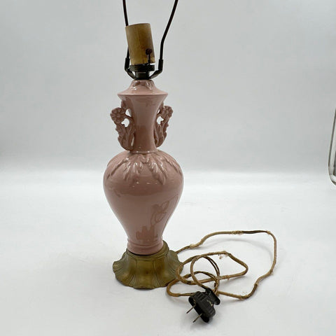 Vintage Pink Ceramic Table Lamp Ornate Floral Leaf Brass Base Mid Century Works