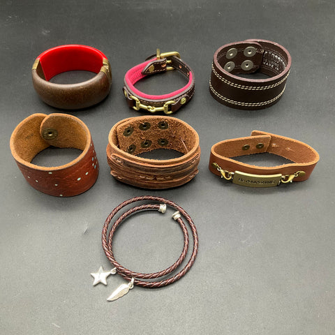 Mixed Costume Jewelry Lot 8 Pcs Leather Cuffs Wood Bangle Fur Style Wrap Star