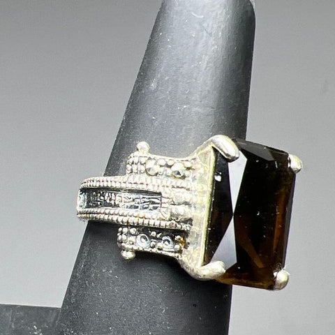 Sterling Silver Brown Rhinestone Marcasite Accent Ring Size 5 7.9g