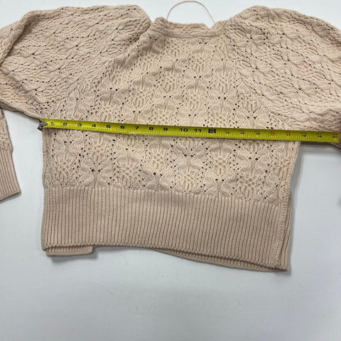 Free People Bonfire Cardi Cream Cropped Knit Puff Sleeve Cardigan Women's M