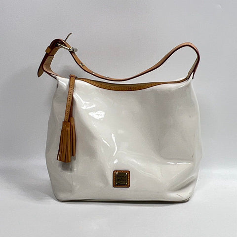 Dooney & Bourke White Patent Leather Tassel Hobo Bag Tan Trim