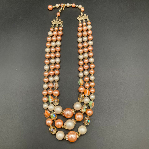 Vintage Japan Triple Strand Pink Faux Pearl Necklace AB Glass Beads 17"