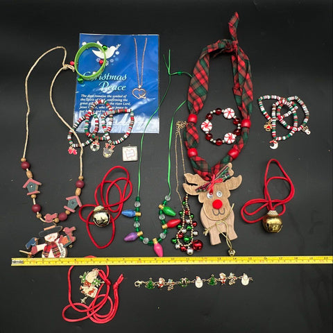 Holiday Christmas Costume Jewelry Lot 1 lb Reindeer Snowman Santa Beads Bells