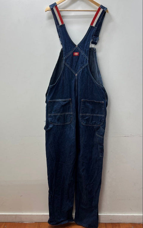 Vintage 90s Dickies Men's Blue Denim Bib Overalls Striped Straps Sz 36x34